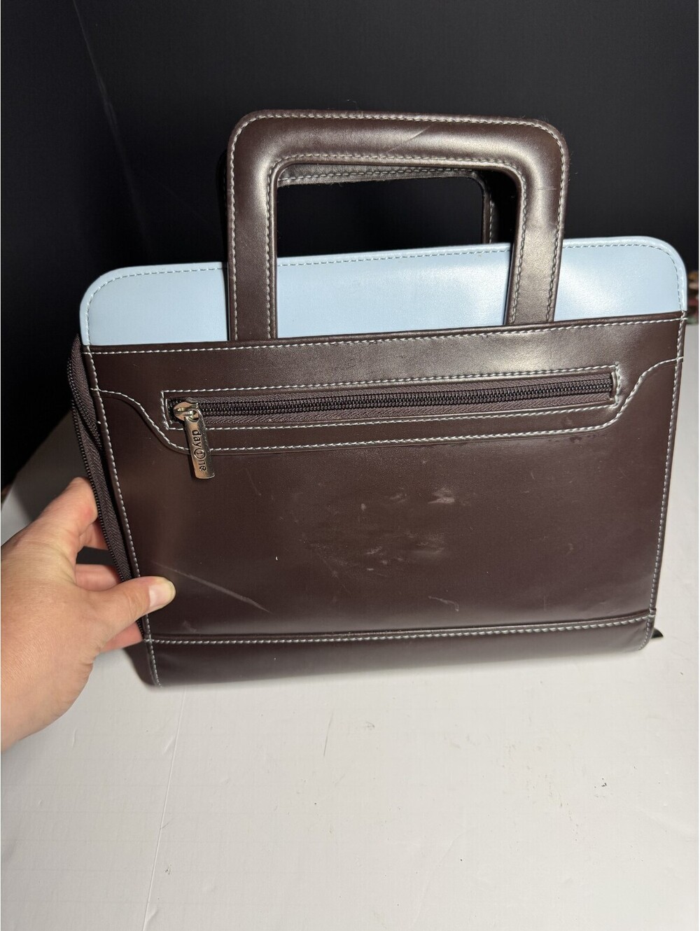 Franklin Covey Day One Brown Blue Planner with Handles Pockets Zip Close READ